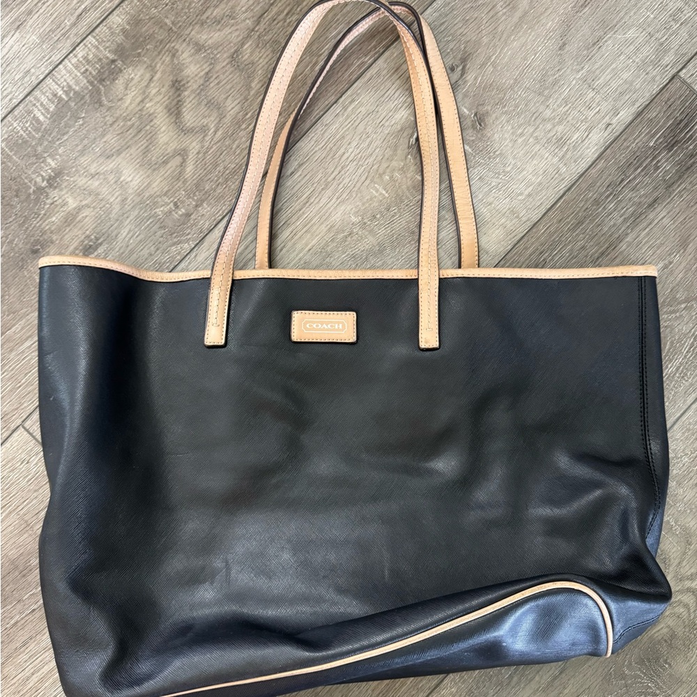 Large Coach Black Leather Tote with Tan Trim